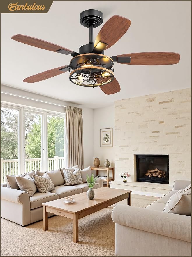 Fanbulous Farmhouse Ceiling Fan with Light and Remote, Industrial Caged Flush Mount Ceiling Fans with 6 Speed Reversible Motor and Dual Finish 5 Blades, for Living room, Bedroom (Black, 42 Inch)