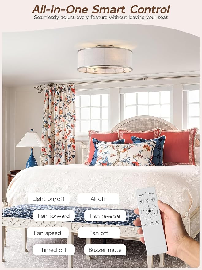 20" Silver Caged Ceiling Fans with Lights, Boho Flush Mount Ceiling Fan with Light and Remote, Bladeless with 6 Speeds for Bedroom, Nursery, Living Room