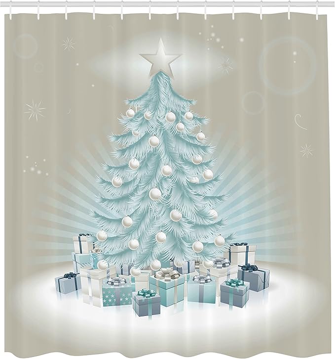 Ambesonne Christmas Shower Curtain, Merry Xmas Themed Fir Tree with Ornate Tree Topper and Baubles, Cloth Fabric Bathroom Decor Set with Hooks, 69" W x 75" L, Mint Green Slate Blue