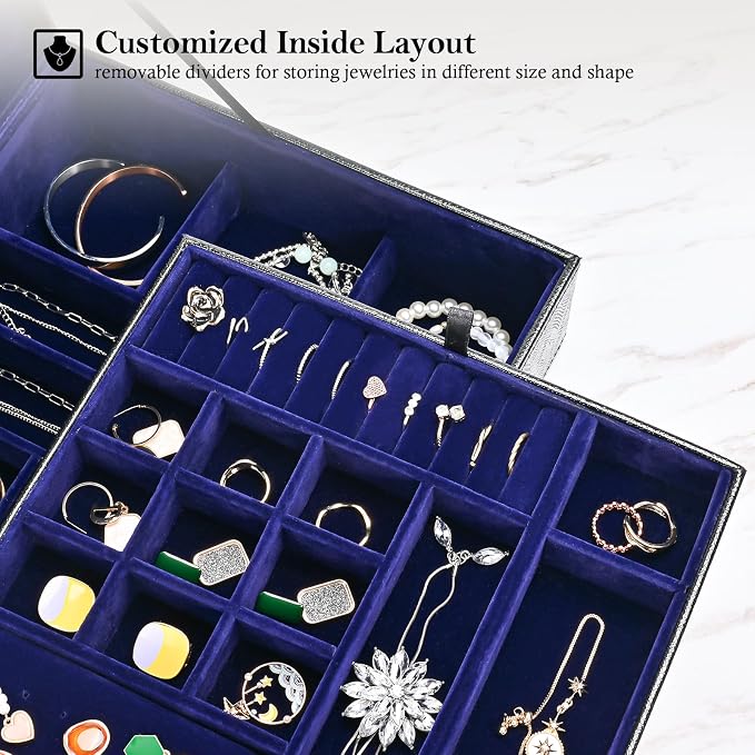 ProCase 2 Layers Jewelry Box for Women -Lizardblack | Large Leather Jewelry Organizer Storage Case with Removable Pad for Earrings