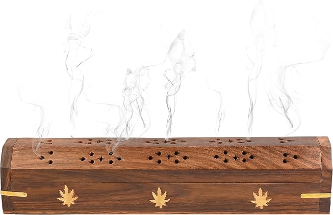 Incense Garden Pack of 2 Incense Stick Holder - Coffin Style - Wood Incense Stick Burner with Kush Inlays (Natural) Handmade with Brass Inlays