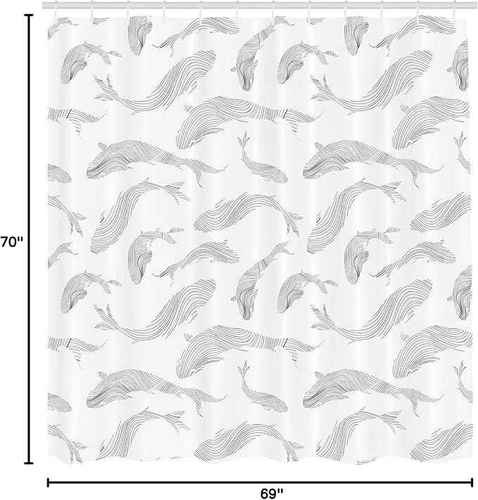 Ambesonne Fish Shower Curtain, Minimalist Fish Pattern with Stripes Tropical Fauna Tail Hand Drawn Nautical Theme, Cloth Fabric Bathroom Decor Set with Hooks, 69" W x 70" L, White Grey