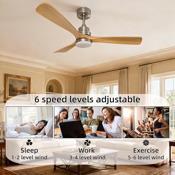 52-inch Wooden Ceiling Fan With Light,With Remote Control, 3 Solid Wood Fan Blades,Suitable for indoor areas, Living rooms, Dining rooms, Bedrooms,Terraces, and Porches.Brushed Nickel+Natural Wood