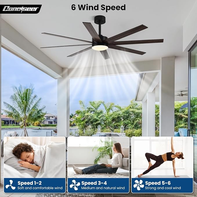 Conciseer 72 Inch Ceiling Fans with Lights, Remote Control, Dual-Color 8 Blades, 24W 3CCT,6-Speed Reversible Quiet DC Motor - Black and Wood Grain for, Living Room, Kitchen Brown