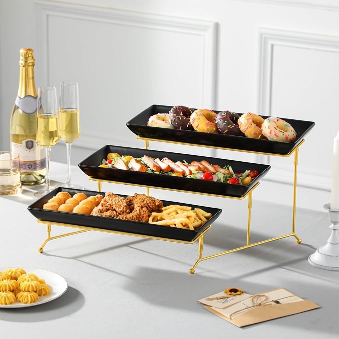 MALACASA 3 Tier Serving Trays for Party, 14 Inch Porcelain Black Trays for Serving Food, Dessert Stand with Collapsible Gold Metal Rack | Tiered Serving Stand for Party, Fruit Tray, Trays for Serving Food, Dessert Stand with Collapsible Sturdier Gold M...