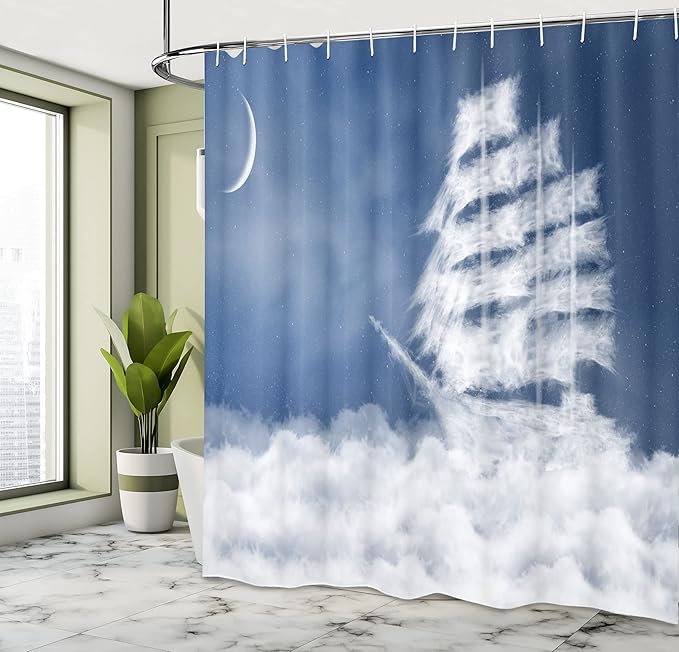 Ambesonne Nautical Shower Curtain, Yacht in The Ocean Madend Shaped with Fluffy Cloudstmospheric Imaginary Sky, Cloth Fabric Bathroom Decor Set with Hooks, 69" W x 84" L, Blue Cream