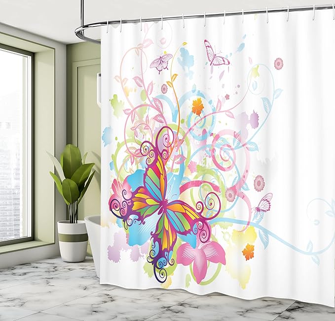 Ambesonne Butterfly Shower Curtain, Butterfly with Floral Elements and Leaves Curvy Branches Ornament Print, Cloth Fabric Bathroom Decor Set with Hooks, 69" W x 75" L, Dark Magenta