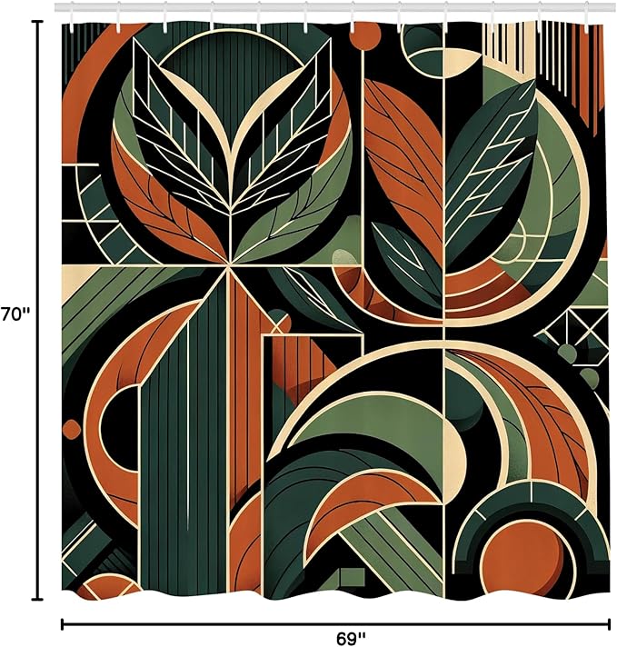 Ambesonne Mid Century Modern Shower Curtain, Abstract Retro Geometric Lines and Shapes with Leaves Art, Cloth Fabric Bathroom Decor Set with Hooks, 69" W x 70" L, Evergreen Cinnamon Beige