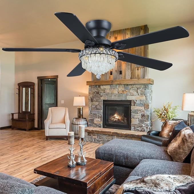 GJeg Crystal Ceiling Fan Fandelier with Lights-Ceiling Fans with Remote Control,Modern Ceiling Fan with Noiseless DC Reversible Motor,Dining Room,Living Room(52" Black)