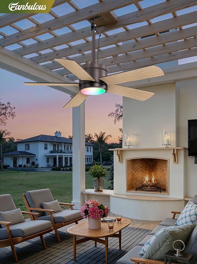 Fanbulous 42" Outdoor Ceiling Fans with Lights, APP Remote Control, IP65 Waterproof, RGB Dimmable Light, Plug-and Play,10FT Cord, 6-Speeds, 3CCT, Hook Hanging Fan for Gazebo Patio Canopy(Oil-Bronze)