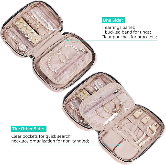 NISHEL Travel Jewelry Case Organizer, Tangle-Free Necklace Storage Bag | Stores rings, earrings, bracelets and watches in a compact case for travel, vacations and daily use, Pink, Small