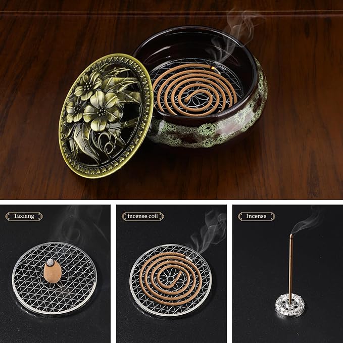 Handmade Ceramic Incense Burner with Metal Lid - Zen Meditation, Home Decor,Spiritual Gift, Durable & Elegant Design for Yoga, Altar, or Relaxation,Large Capacity Incense ash Catcher. (Fambe Green)