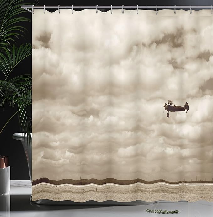 Ambesonne Vintage Airplane Shower Curtain, Airplane Dramatic Cloudy Skies Aviation Flyby Obsolete Composition Print, Cloth Fabric Bathroom Decor Set with Hooks, 69" W x 70" L, Sepia