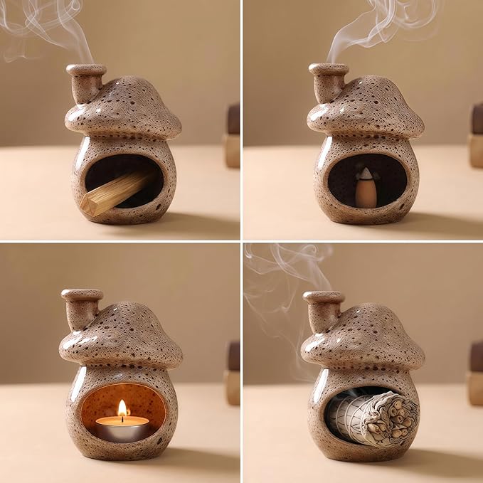 Mushroom Incense Holder, Ceramic Palo Santo Holder – Suitable for Burning Sage & Palo Santo - Mini Chimenea-Style Burner, an Incense Burner for Spiritual Meditation, Yoga or Home Decoration