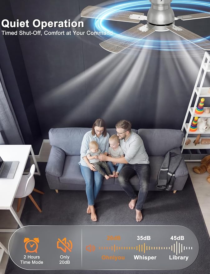 Ohniyou Ceiling Fans with Lights, 42 Inch Low Profile Ceiling Fan with Light and Remote/APP Control, Flush Mount, Dimmable, Quiet DC Motor, Silver Small Indoor Ceiling Fan for Bedroom, Kitchen