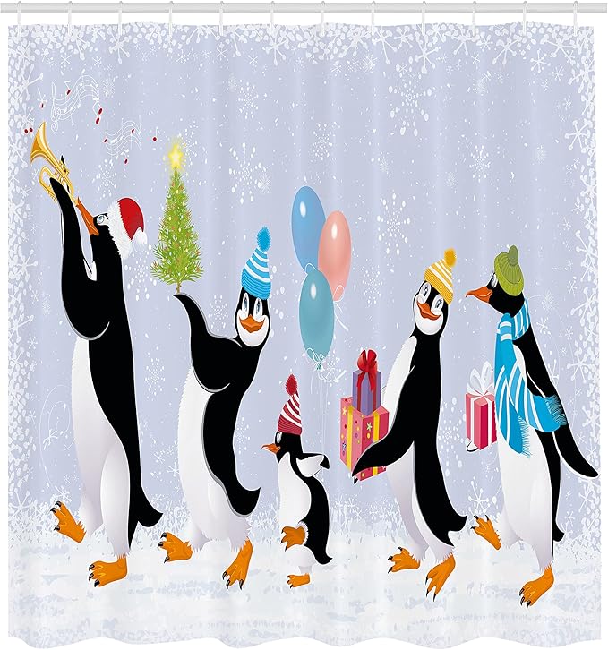 Ambesonne Christmas Shower Curtain, Group of Penguins in Caps Walking on Snow with Surprise, Cloth Fabric Bathroom Decor Set with Hooks, 69" W x 75" L, Soft Lavender