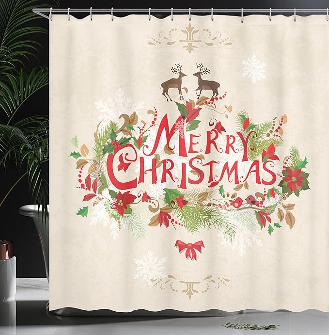 Ambesonne Christmas Shower Curtain, Merry Xmas Wish with Fir Tree Branches Poinsettia Flowers Birds and Deer, Cloth Fabric Bathroom Decor Set with Hooks, 69" W x 70" L, Green Red Tan
