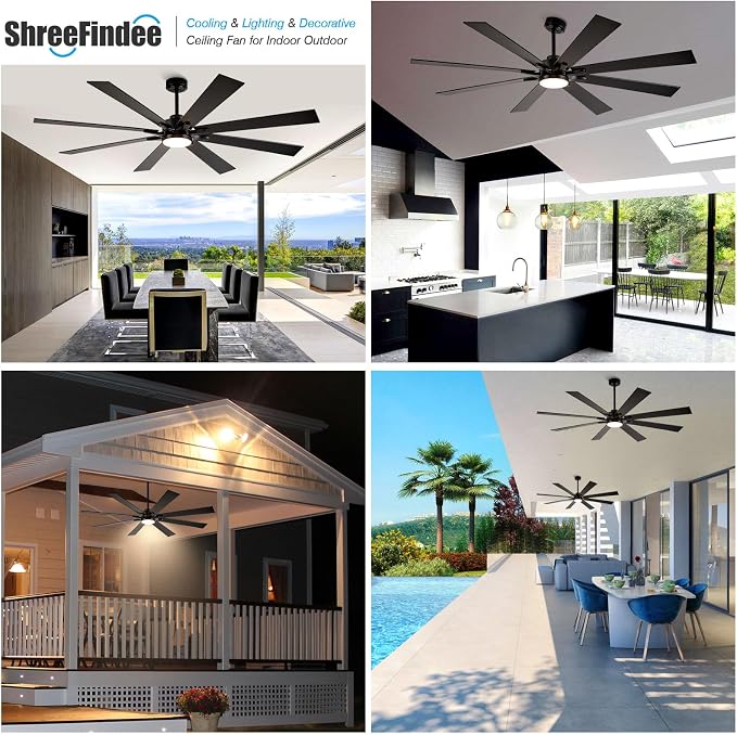 72 inch Ceiling Fans with Lights and Remote, Indoor Outdoor Ceiling Fans for Patios, Black Industrial DC Ceiling Fan with 8 Reversible Blades for Living Room Farmhouse Garage Covered Ourdoor