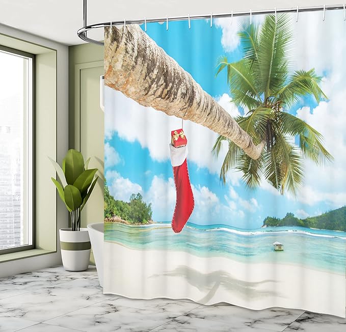 Ambesonne Christmas Shower Curtain, Cloth Fabric Bathroom Decor Set with Hooks, Tropical Sandy Beach, 69" W x 75" L, Aqua Red