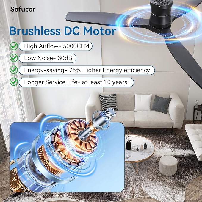 Sofucor 52" Smart Ceiling Fan, Solid Wood Ceiling Fan with Lights and Remote, Flush Mount Ceiling Fan Works with Alexa/Google/App, Dimmable 6-Speed Timing Reversible DC Motor for Bedroom Living Room