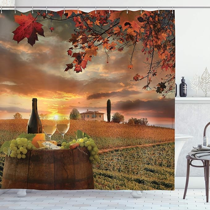 Ambesonne Winery Shower Curtain, White Wine with Cask on Vineyard at Sunset in Chianti Tuscany Italy, Cloth Fabric Bathroom Decor Set with Hooks, 69" W x 75" L, Apple Green