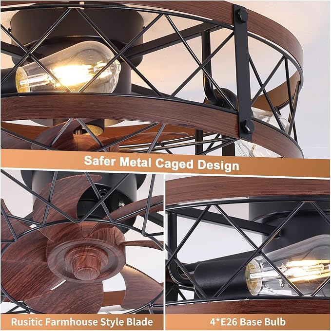 24" Farmhouse Flush Mount Caged Ceiling Fans with Lights, Rustic Low Profile Ceiling Fan with Light and Remote, Quiet Reversible DC Motor Bladeless Enclosed Ceiling Fan for Bedroom Dining Room Kitchen