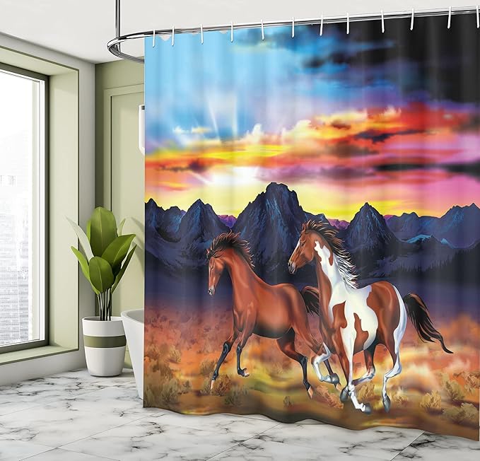 Ambesonne Western Shower Curtain, Running Wild Horses at Sunset Rustic Landscape Colorful Sky Illustration, Cloth Fabric Bathroom Decor Set with Hooks, 69" W x 75" L, Brown Blue