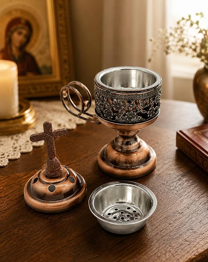 Yawlsow Incense Burner, Frankincense Charcoal Incense Stand, Bakhoor Incense Burner Holder, Ideal for Aromatherapy, Yoga and Spa, Home and Christian Church Censer, (Red Copper)