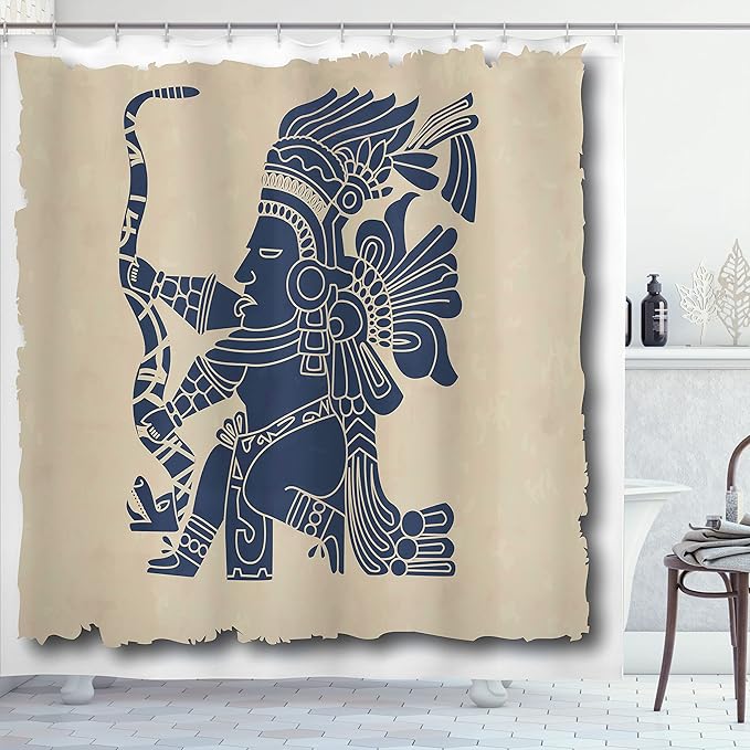 Ambesonne Tribal Shower Curtain, Mayan and Inca Prehistoric Art Motif with Man in Old Paper Print, Cloth Fabric Bathroom Decor Set with Hooks, 69" W x 70" L, Beige Blue Grey