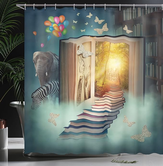 Ambesonne Fantasy Shower Curtain, Upstairs to Magic Book Forest Balloon Zebra Animal Butterflies, Cloth Fabric Bathroom Decor Set with Hooks, 69" W x 70" L, Teal and Yellow