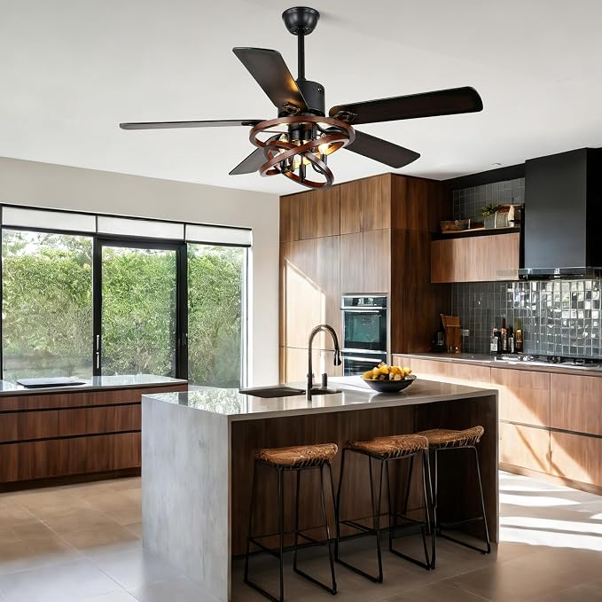 52" Adjustable Wood Grain Iron Cage Ceiling Fans with Lights | Industrial Farmhouse Ceiling Fan with 5 Reversible Dual-Color Blades,DC Quiet Motor,6 Speeds,Timer for Bedroom Living Room