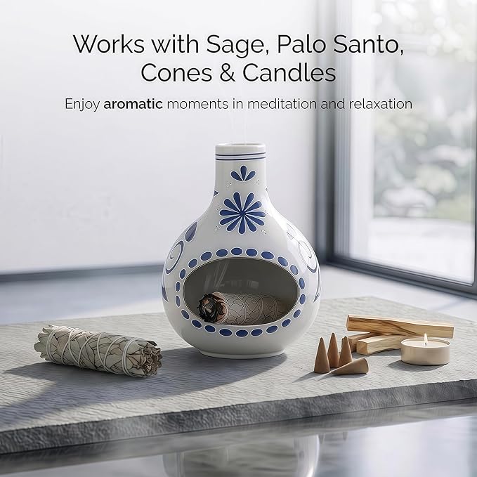 Handmade Ceramic Palo Santo Holder – Suitable for Burning Sage & Palo Santo - Mini Chimenea-Style Burner, an Incense Burner for Spiritual Meditation, Yoga or Home Decoration