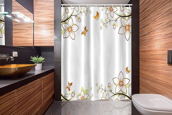 Ambesonne Floral Stall Shower Curtain, Flowers Leaves Branches Buds Butterflies Frame Like Image Print, Fabric Bathroom Decor Set with Hooks, 54" W x 78" L, Pale Green Pale Brown