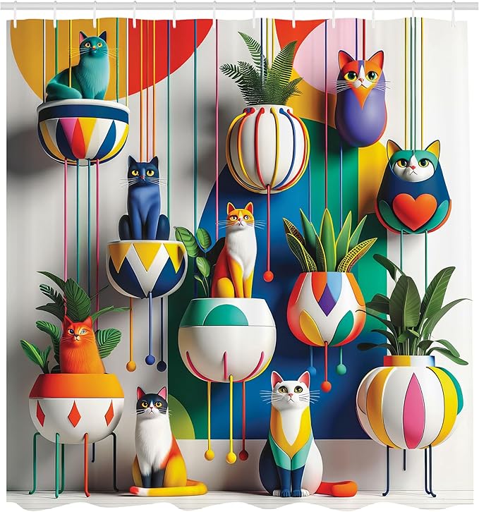 Ambesonne Botanical Shower Curtain, Contemporary Illustration of Colorful Jumble Cats and Urban Jungle Leaves Modern, Cloth Fabric Bathroom Decor Set with Hooks, 69" W x 84" L, Multicolor