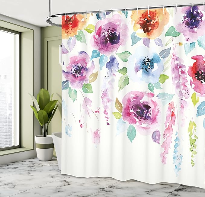 Ambesonne Abstract Shower Curtain, Modern Design of Watercolor Style with The Floral Leaves Seemed Ombre Details of Art Print, Cloth Fabric Bathroom Decor Set with Hooks, 69" W x 84" L, Pink Orange