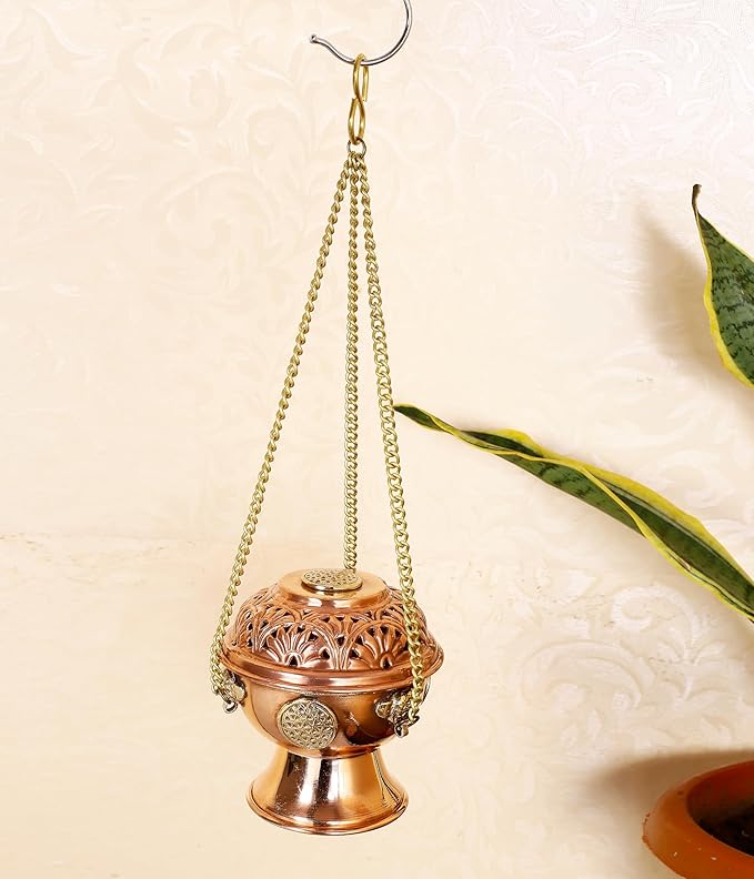 Indian Consigners Copper Altar Incense Charcoal Burner Holder with Chain (Flower of Life)
