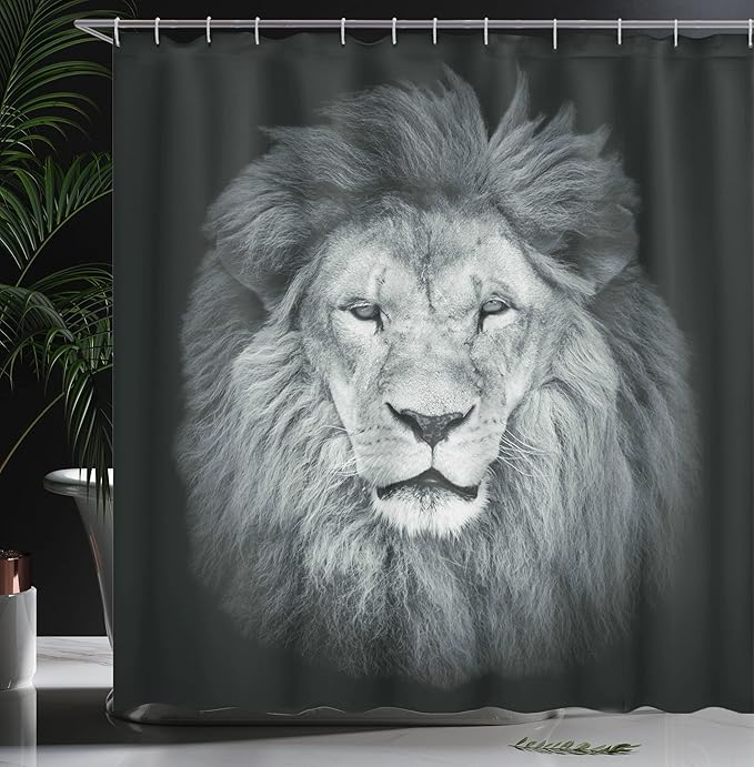 Ambesonne Savannah Shower Curtain, Huge Lion Head with Fure Mane Against Dark Background Monochromic, Cloth Fabric Bathroom Decor Set with Hooks, 69" W x 84" L, Green Grey