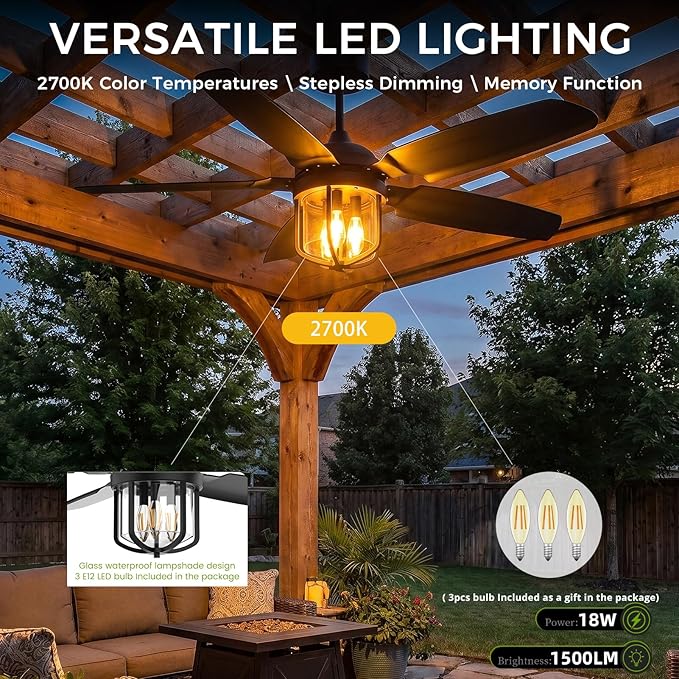 52 inch Outdoor Ceiling fan with Light and Remote Control, IP65 Waterproof 2700K Color light Ceiling fan, Reversible Quiet DC Motor, 5 Blades Black Ceiling Fan for Patios Gazebos Pergolas
