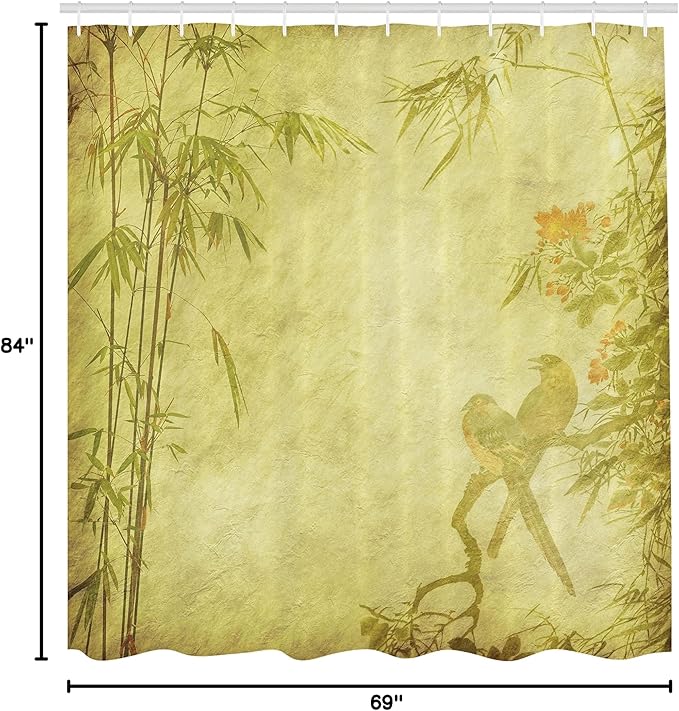 Ambesonne Asian Themed Shower Curtain, Silhouettes of Birds on The Branch Twig Retro Inspired Wild Life Art Print, Cloth Fabric Bathroom Decor Set with Hooks, 69" W x 84" L, Green