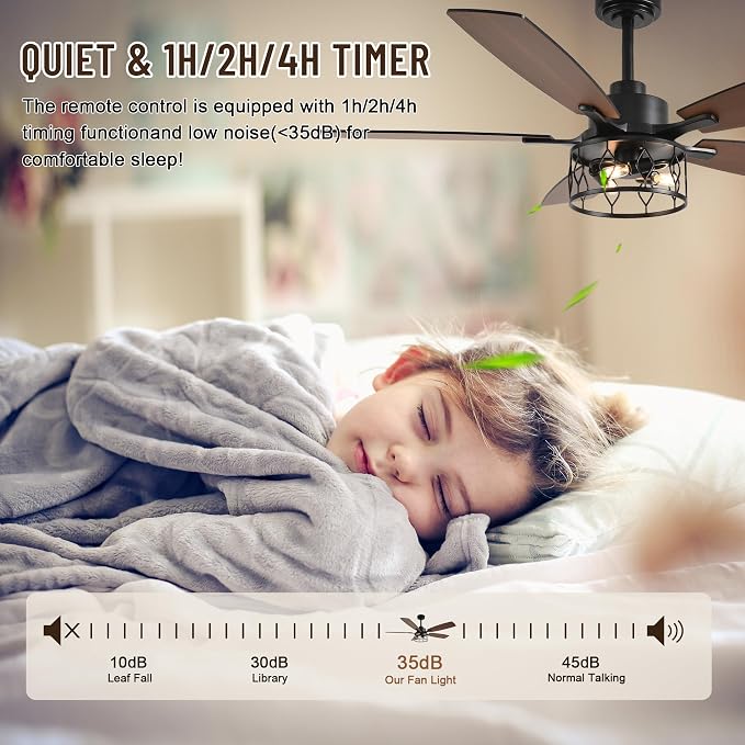 52'' Rustic Caged Ceiling Fan with Light and Remote Control | Reversible Quiet DC Motor,6 Speed,Timer Dual-Sided Wood Blades,Farmhouse Ceiling Fan for Living Room,Dining Room,Bedroom