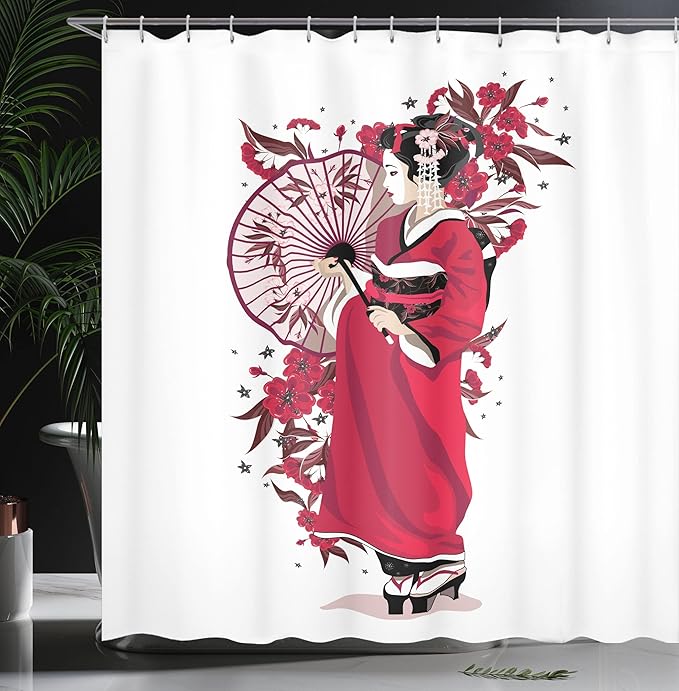 Ambesonne Japanese Shower Curtain, Lady in Kimono with Flowers and Umbrella Traditional Clothes Art, Cloth Fabric Bathroom Decor Set with Hooks, 69" W x 70" L, Fuchsia White