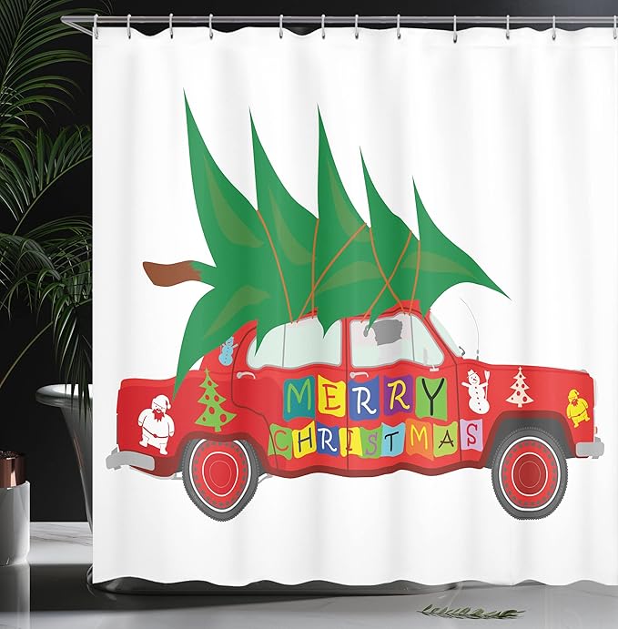 Ambesonne Christmas Shower Curtain, Red Vintage Car Xmas Tree Merry Celebration Words and Snowman Elf, Cloth Fabric Bathroom Decor Set with Hooks, 69" W x 70" L, Red Green