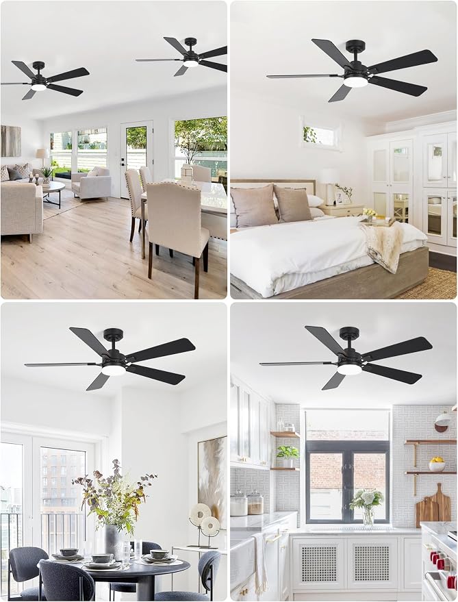 52 Inch Ceiling Fan with Lights and Remote, Downrod Mount, Sloped Ceiling Compatible up to 15°, Quiet Reversible DC Motor, 3CCT Dimmable LED, Black Ceiling Fan for Bedroom Living Room