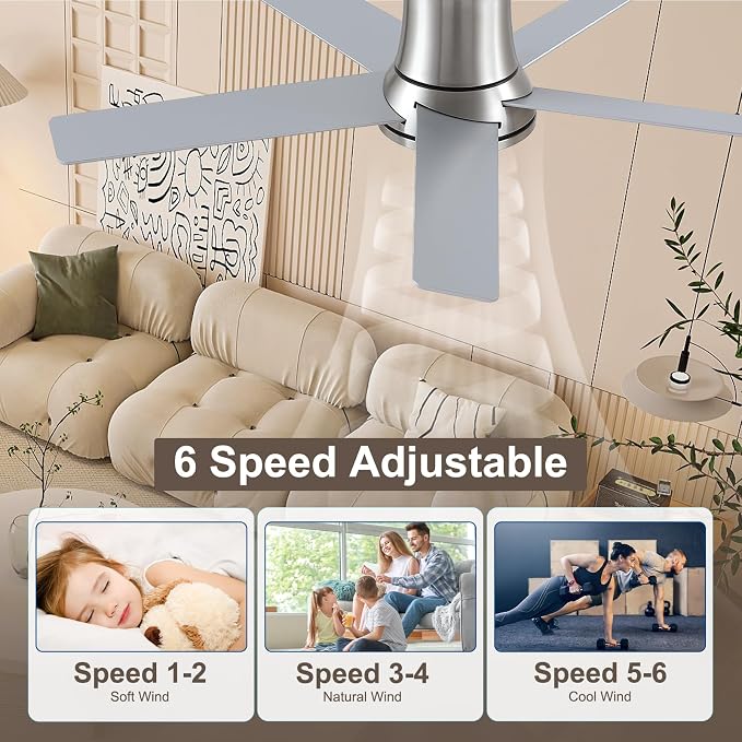 52 Inch Pro Flush Mount Ceiling Fans with Lights and Remote | 3CCT Dimmable LED, 6 Speed, Quiet DC Motor, 3-Level Timer Function, Forward/Reserve For all Seasons, Indoor/Covered Outdoor