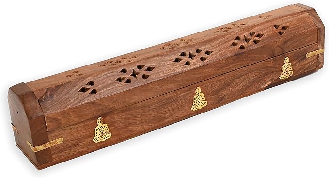 Incense Garden Pack of 2 Incense Stick Holder - Coffin Style - Wood Incense Stick Burner with Buddha Inlays (Natural) Handmade with Brass Inlays