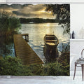 Ambesonne Seascape Shower Curtain, Boat at Lake Shore with Wooden Pier Sunset Sunbeams Romantic Evening, Cloth Fabric Bathroom Decor Set with Hooks, 69" W x 75" L, Green Yellow