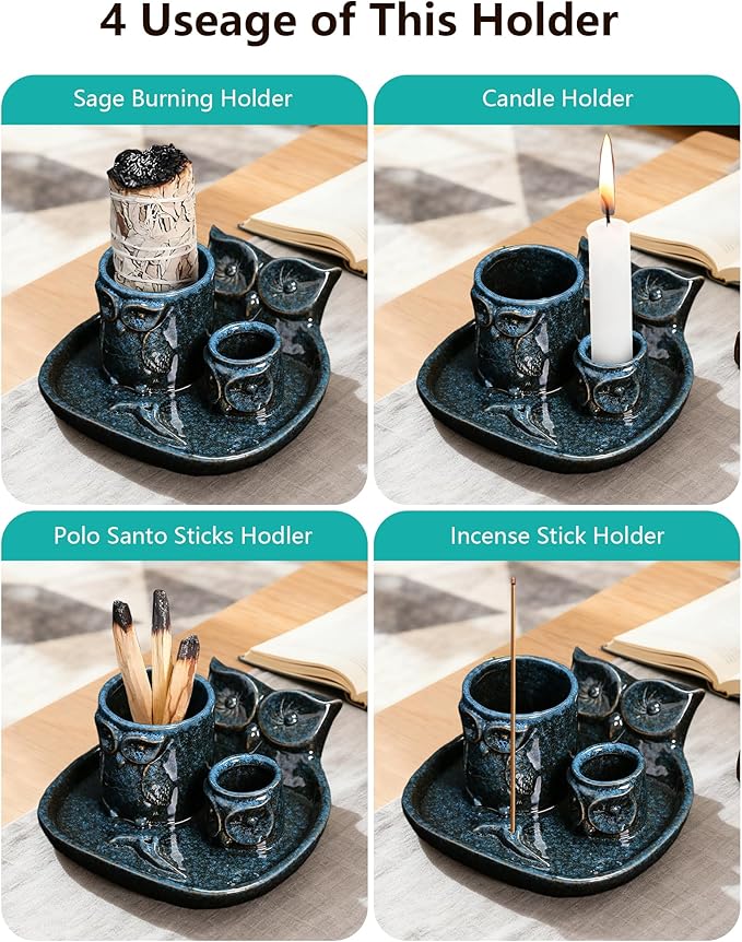Comeon Palo Santo Holder, 4 in 1 Ceramic Owl Backflow Incense Burner Holder Candle Holder Sage Holder for Burning Bow(Blue)