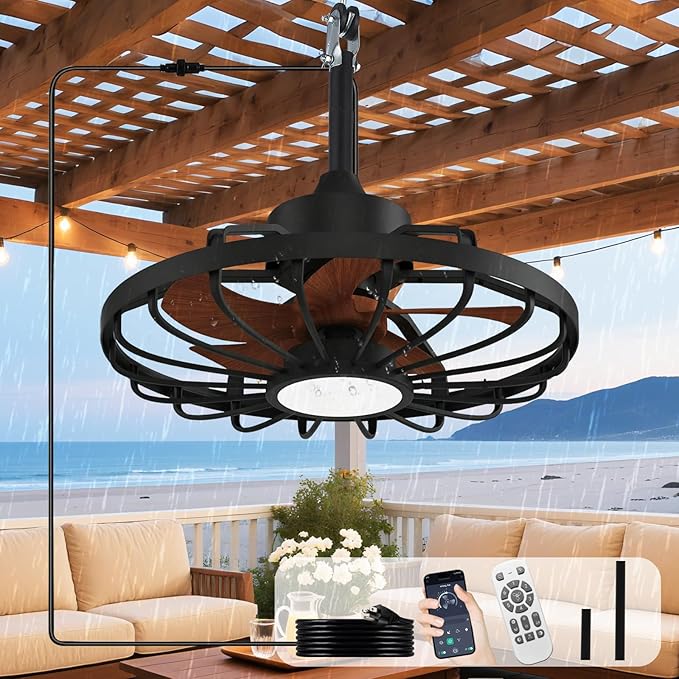 Depuley Gazebo Fans Outdoor Hanging: 20 Inch Black and Walnut Plug In Caged Outdoor Fan with Light and APP Remote Control - Waterproof Ceiling Fan for Patio Porch Pergola Reversible DC Motor