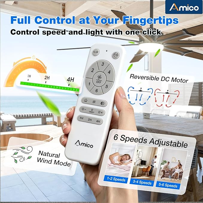 Amico 72 Inch Ceiling Fans with Lights and Remote, Indoor Outdoor Ceiling Fan for Patio Living Room, Kitchen, Quiet 6-Speed Reversible DC Motor, Dual-Sided Blades, Modern Farmhouse Dimmable & 3CCT