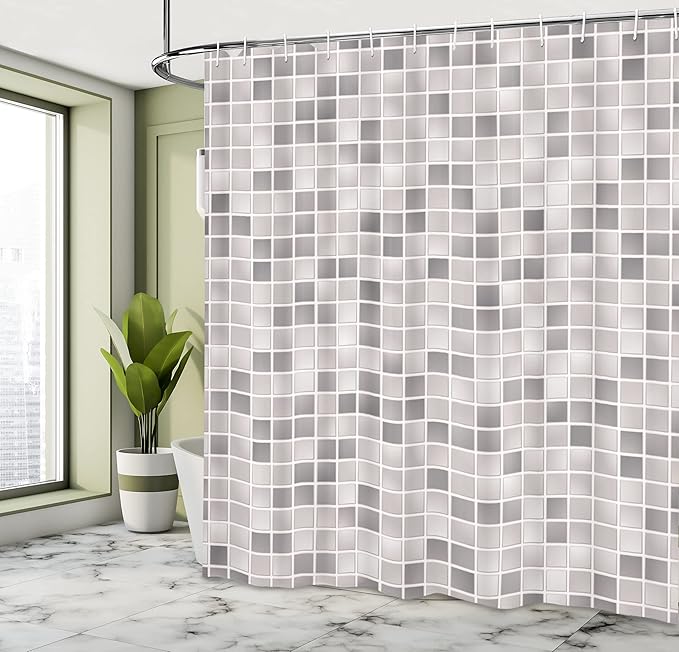 Ambesonne Pale Grey Shower Curtain, Square Tiles Classic Mosaic Patterns Print on The Modern Background Urban Life Boho, Cloth Fabric Bathroom Decor Set with Hooks, 69" W x 84" L, Pale Grey